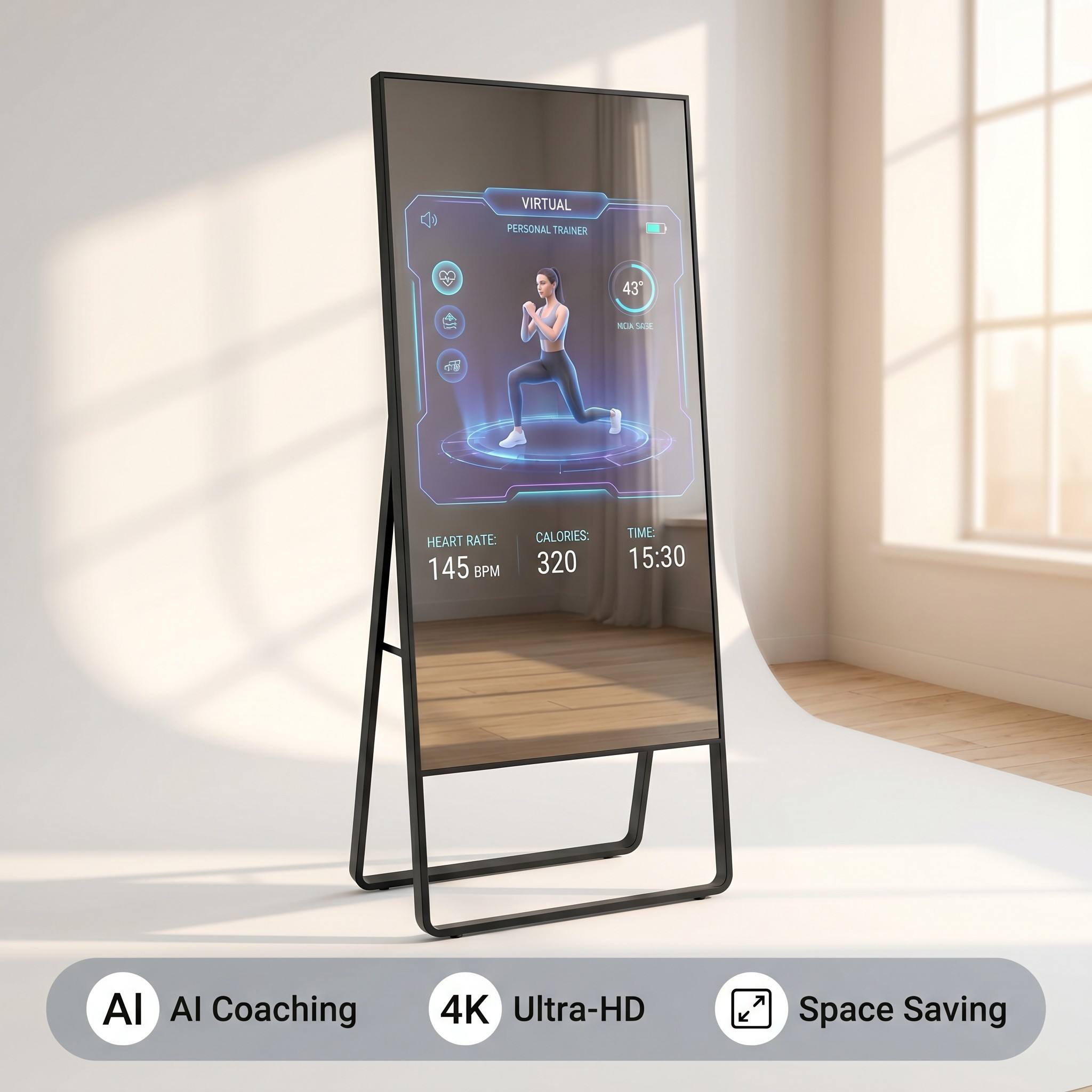 Smart Home Gym Mirror - 43인치 스마트 피트니스 미러, 인터랙티브 디지털